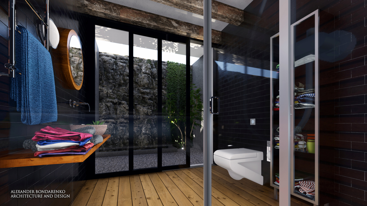 shower and bathroom with its own patio. a photo
