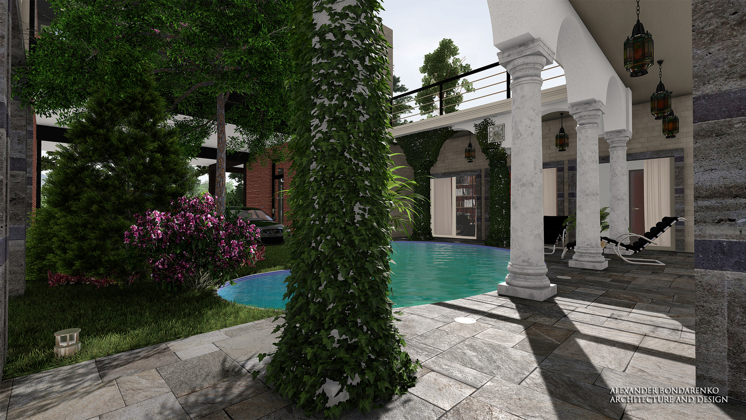 Дом со двором-атриумом и бассейном, проект. фото