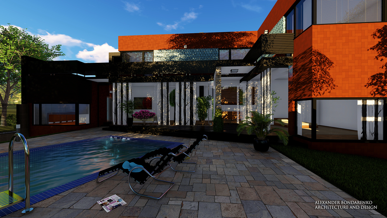 проект дома с бассейном и ленточным остеклением фасада. фото