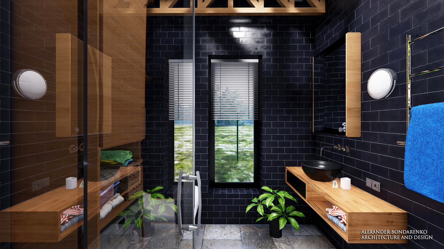 дизайн ванной комнаты в чёрной плитке. фото